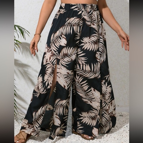 Boho Plus Size Tropical Print Slit Wide Leg Palazzo Pants - Picture 2 of 5